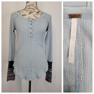 Free People Ski Lodge Newbie Cuff Blue Stretch Henley Thermal Top Size Small